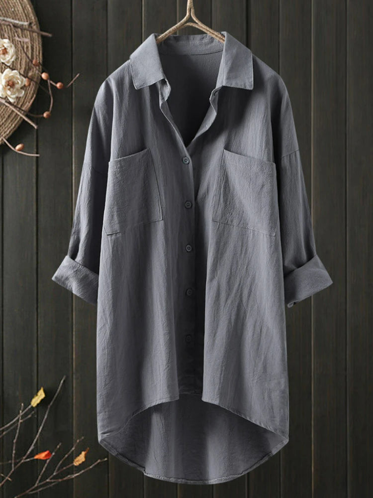 Elegant and Youth Woman Blouses Casual Home Cotton Linen Large Size Single Breasted Commuting Style Long Sleeved Shirt