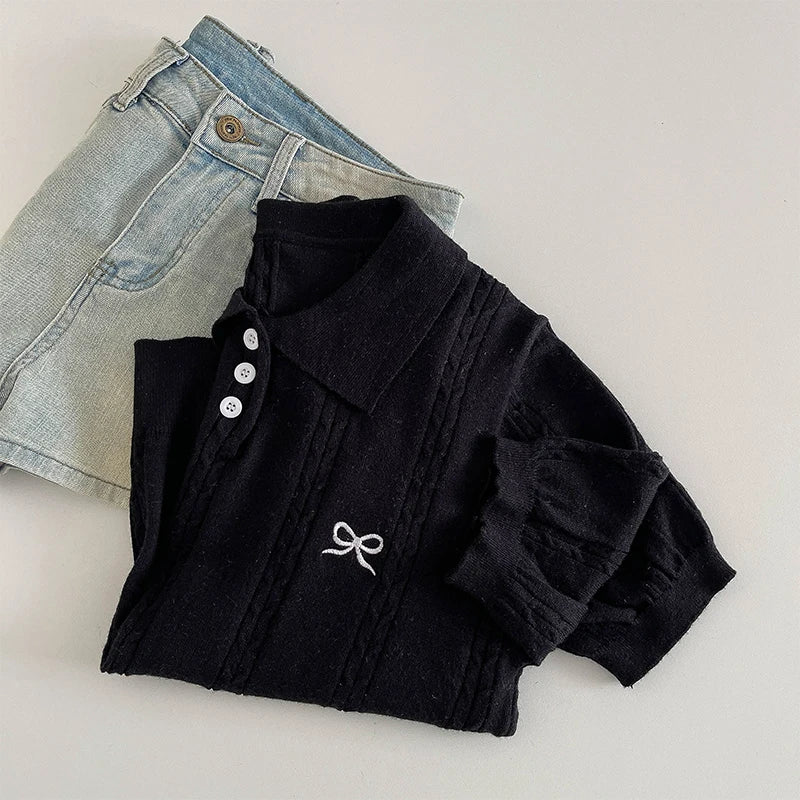 AOSSVIAO 2026 Summer New Korean Fashion Slim Polo shirt Knitted Short Sleeve T-shirt Sweet Bow Embroidered Knitted Women Tops