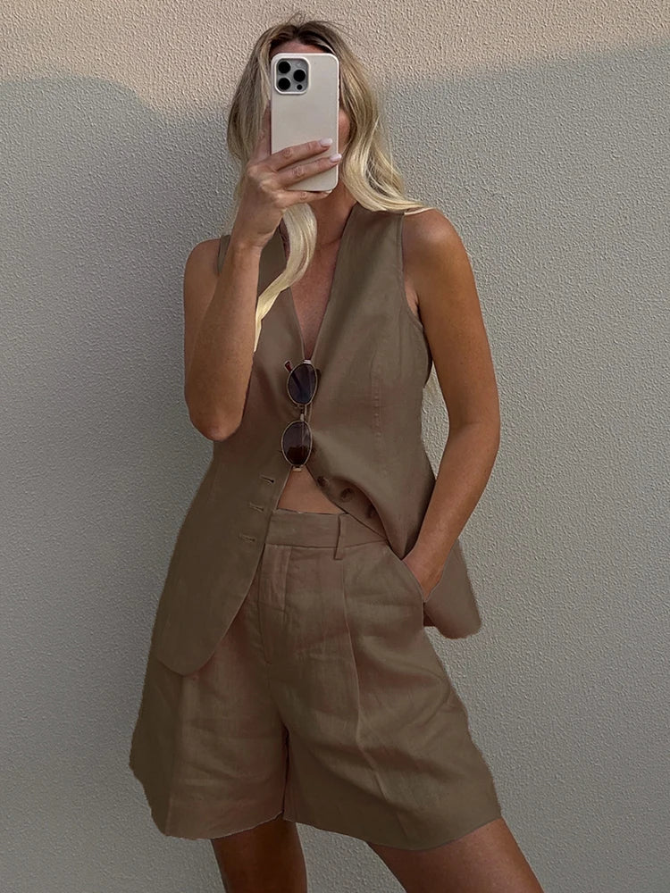 Mumaroho 2025 Women Spring Summer Vacation Linen Shorts Sets Solid V-neck Outfits Suit Two Piece Set For Women