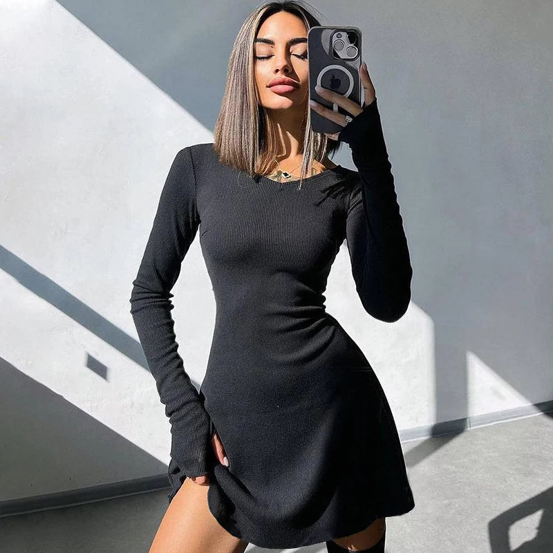 Knitted Long Sleeve Slim Mini Dress Women Autumn Winter Solid Color V-neck Belt A-line Club Party Sexy Dresses Elegant Clothing