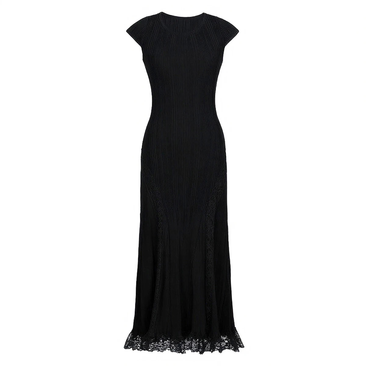 High Quality Summer New Fashionable Elastic Knitted Solid Color Short Sleeved Dress With Lace Edge Slimming Women's Dress