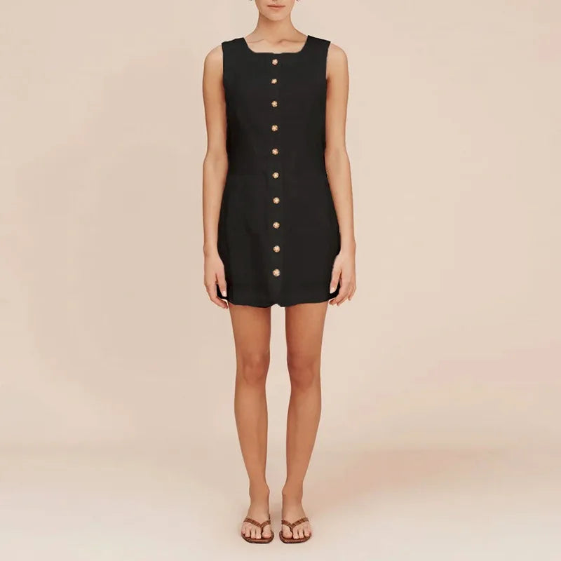100% Linen Summer Women Dress 2026 New French Square Neck Single-Breasted White Dress Casual Vacation Short Dresses Vestidos
