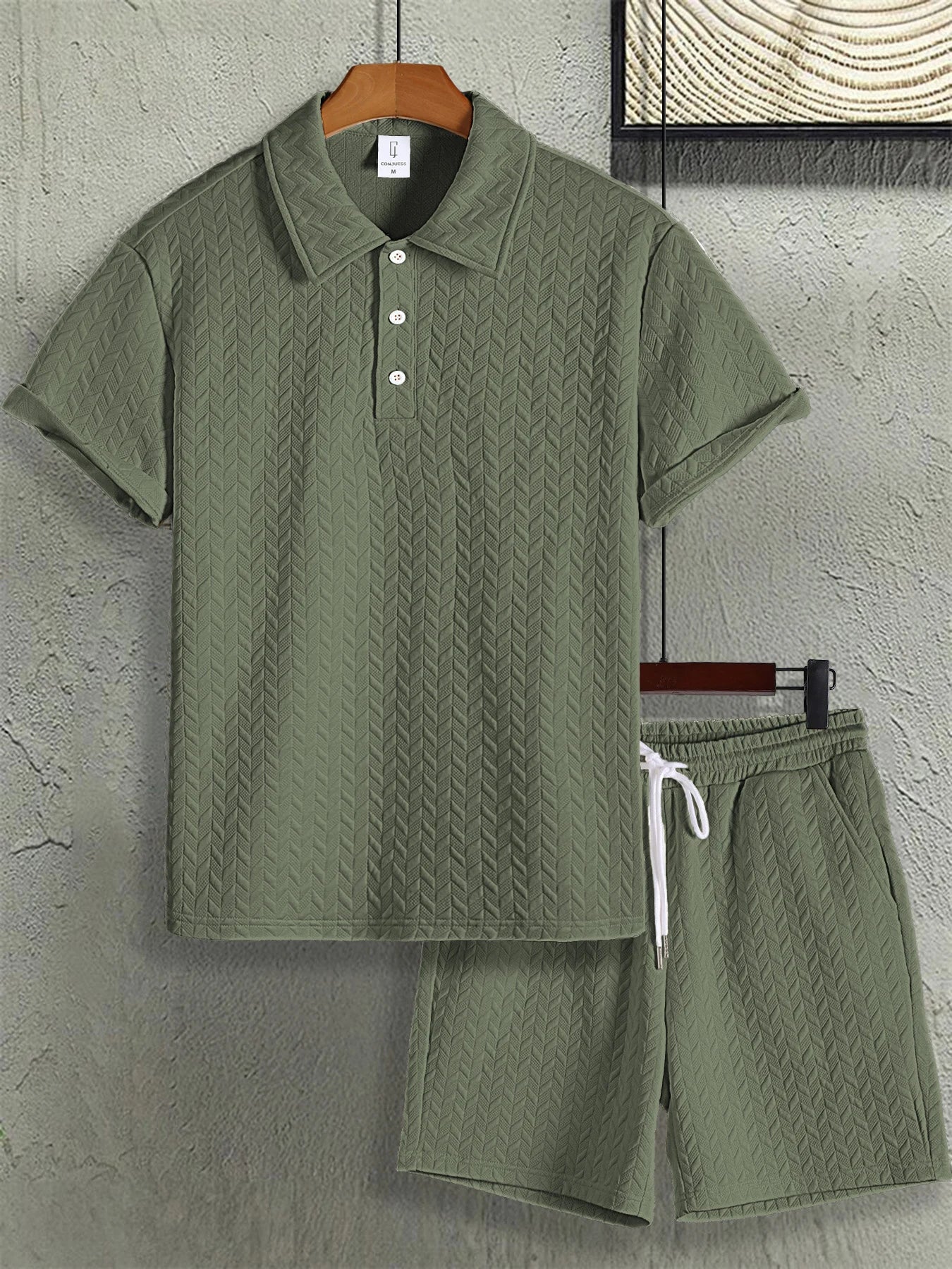 Men's Minimal Textured Set, Solid Color Jacquard Polo Shirt & Matching Shorts for Smart Casual Wear
