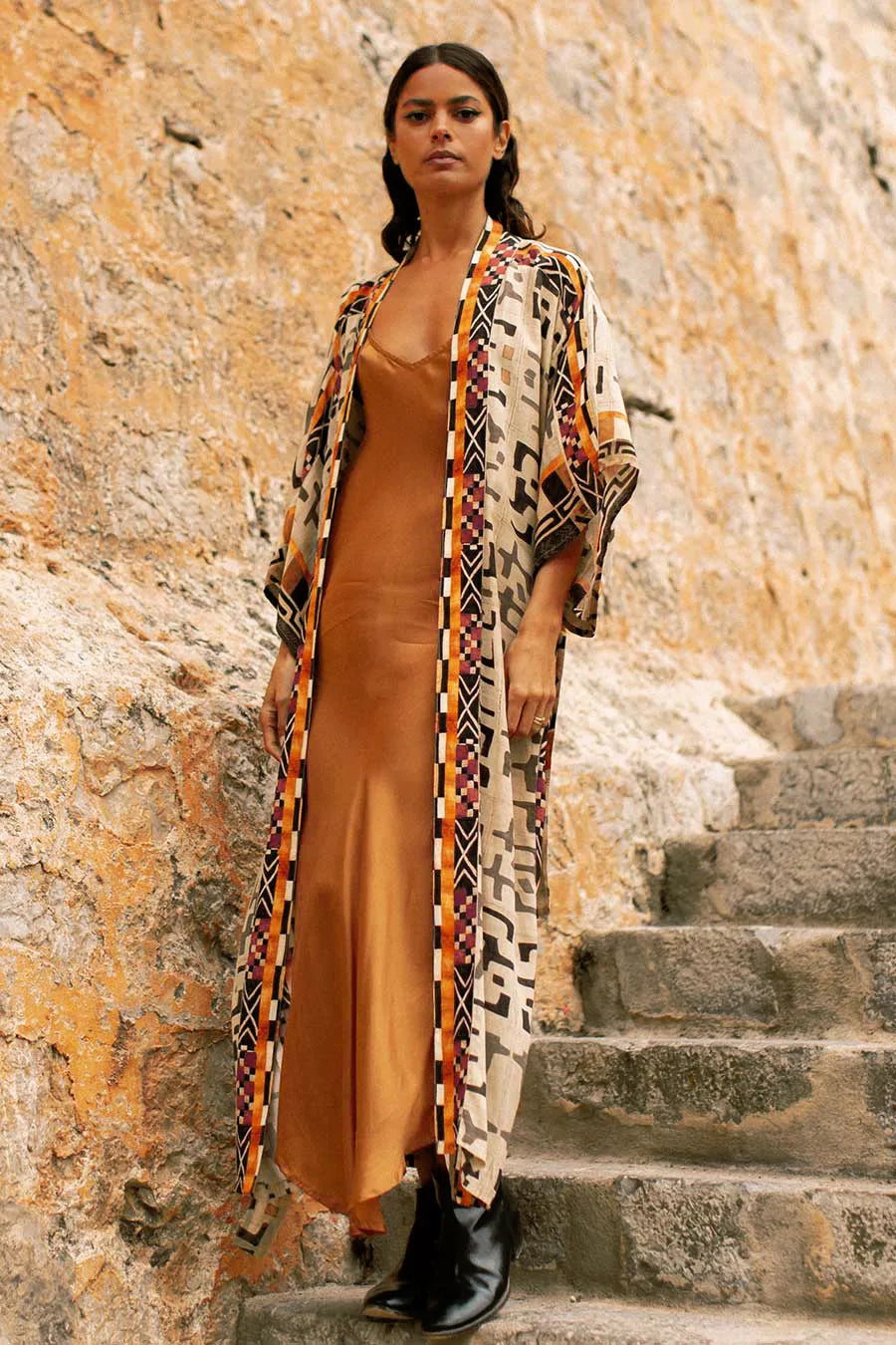 Beach Cover Up Over Sized Kimonos Women's Geometry Print Rayon Kimonos with Belt for Summer