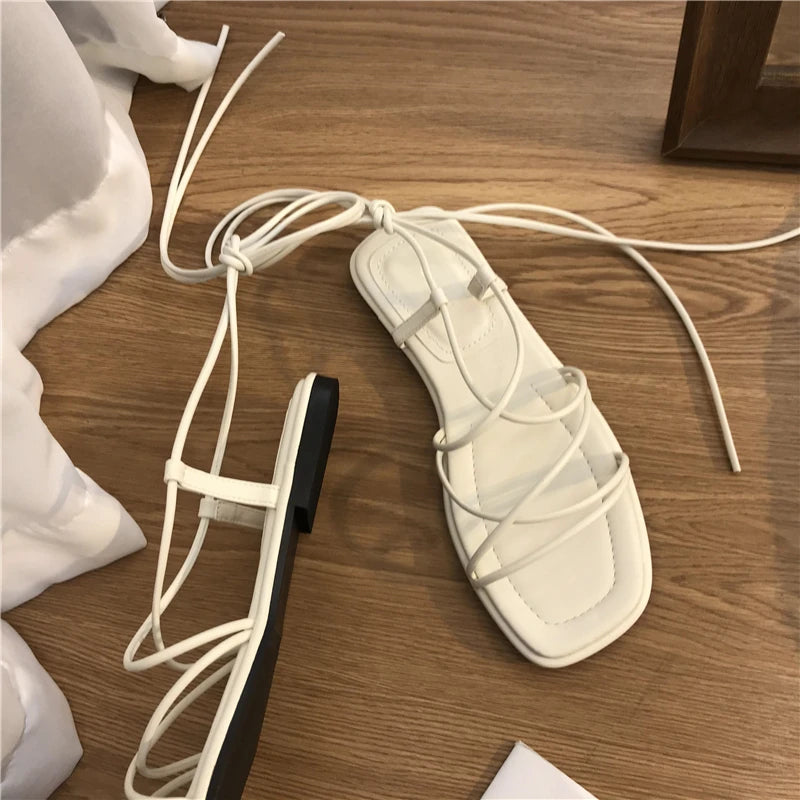 2026 New Women's Summer Fashion Flat Open-Toe Cross Lace-up Sandals Casual Elegant Dress Lace-up Beach Roman Style Sandals
