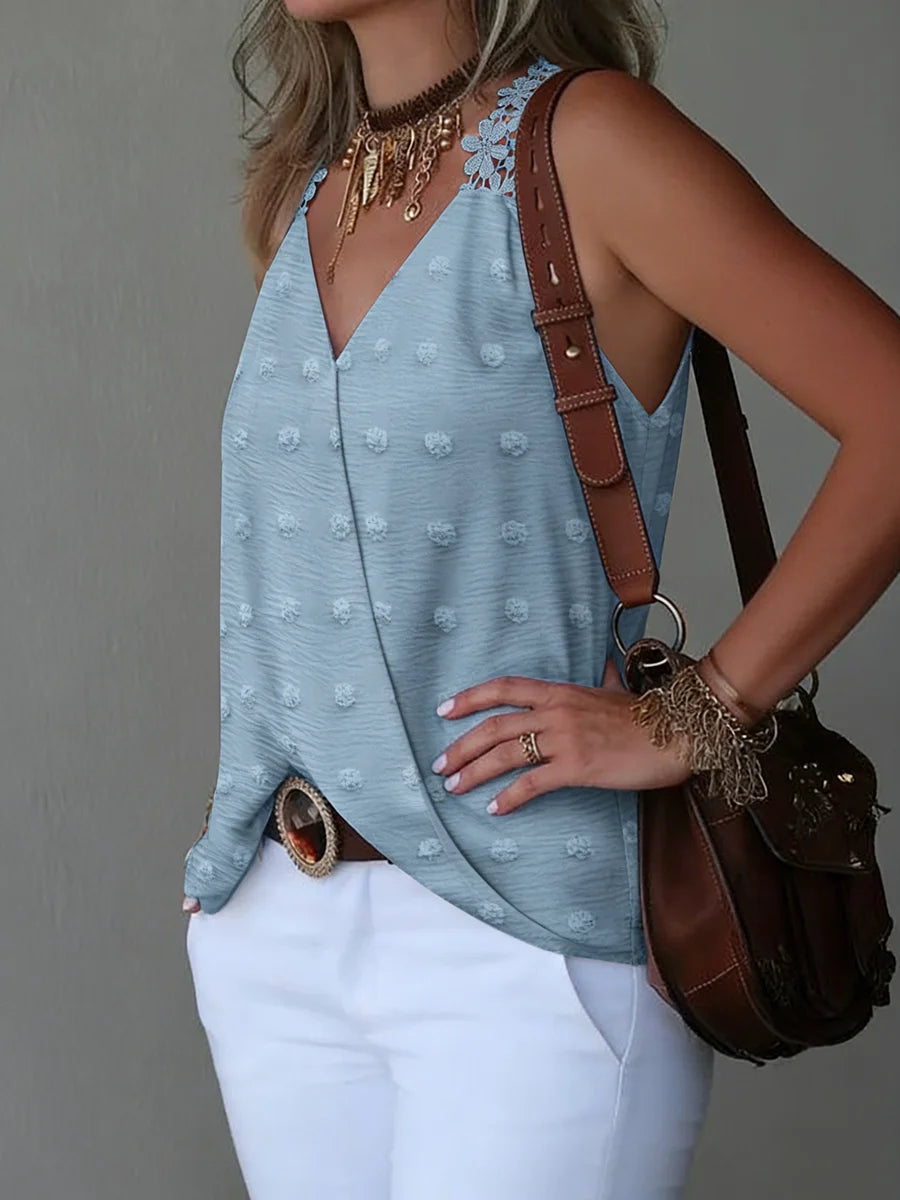 Women's V Neck Swiss Dot Tank Top Lace Trim Loose Top Casual Tank Top Spring Summer Chic Tank Top Daily Lightweight Top