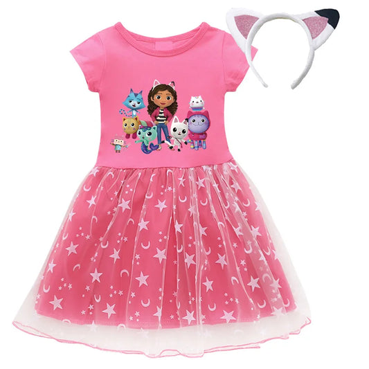 2024 New Summer Cartoon Gabby Cats Dresses Baby Girls Princess Dress Bag Headband Kids Gabby's Dollhouse Cosplay Costume