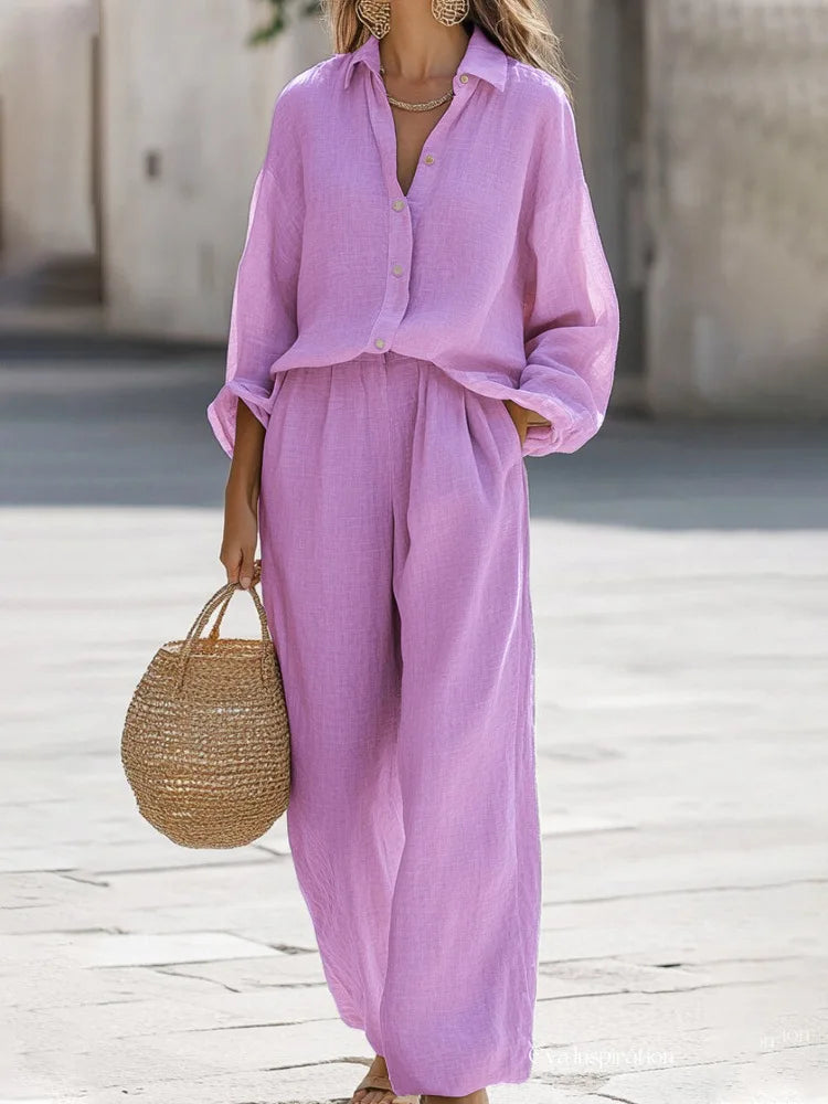 Simple Cotton Linen Women's Suits Summer Fashion Long Sleeve Loose Blouse Wide Leg Pants Two Piece Set For Women Casual Outfits