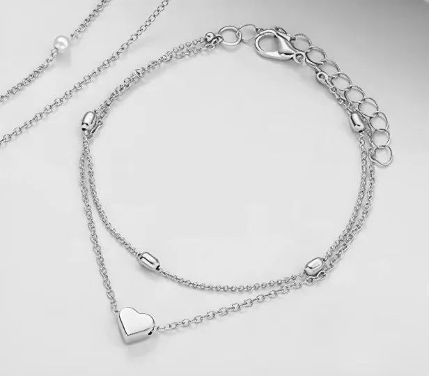 Chic Imitation Pearl Heart Jewelry Set For Women Gold Color Round Beads Necklace Bracelet Set Daily Wear Fashion Collection