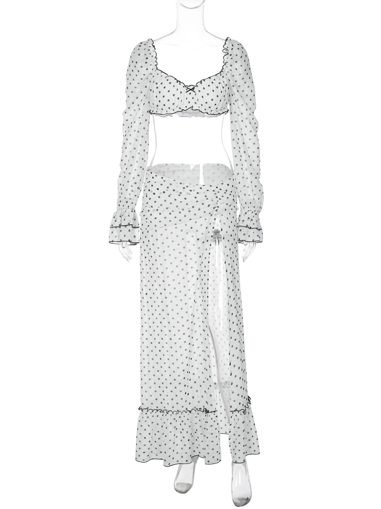 Hugcitar Polka Dot Print 2 Pieces Sets Long Sleeve Bow Sexy Crop Top Slit Maxi Skirt See Through Fashion Outfit Beach Vacation