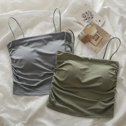 Sexy Crop Tops Women Summer Shirring Sleeveless Slim Camis Tops Bodycon with Chest Pad Fashion Casual Tops Female