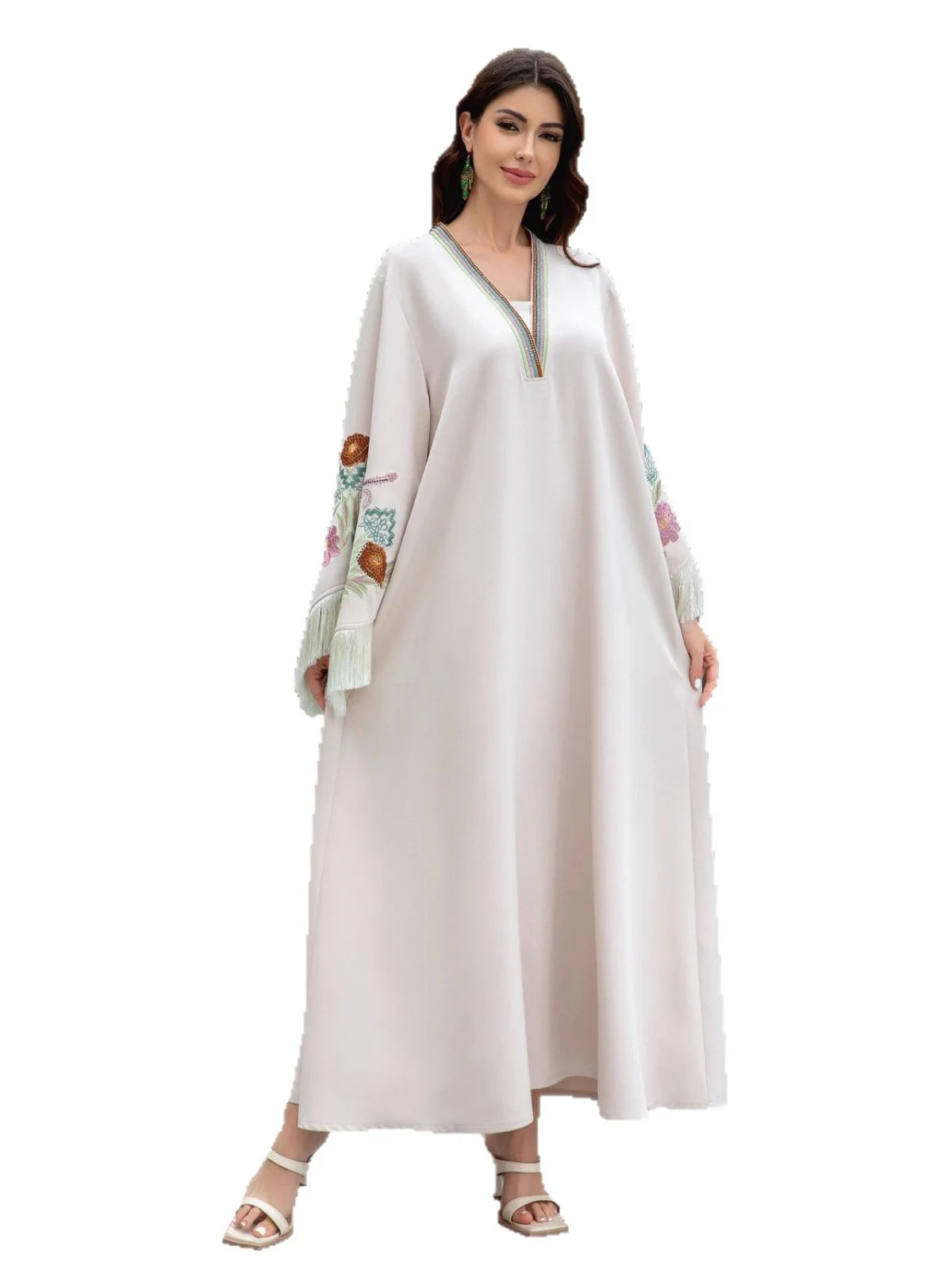 Elegant V Neck Tassel Abaya Modest Arabian Floral Abaya Long Muslim Jalabiya Abaya Luxury Kaftan Gown Women Plus Size