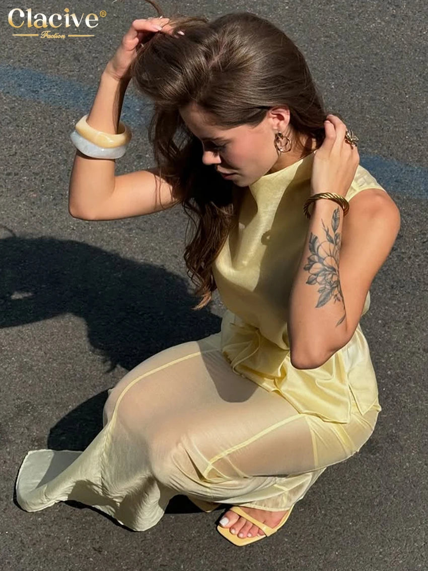 Clacive Summer Loose Yellow Women's Two Pieces Set 2026 Sexy Sleeveless Tank Top With High Waist Long Skirt Set Female Clothing