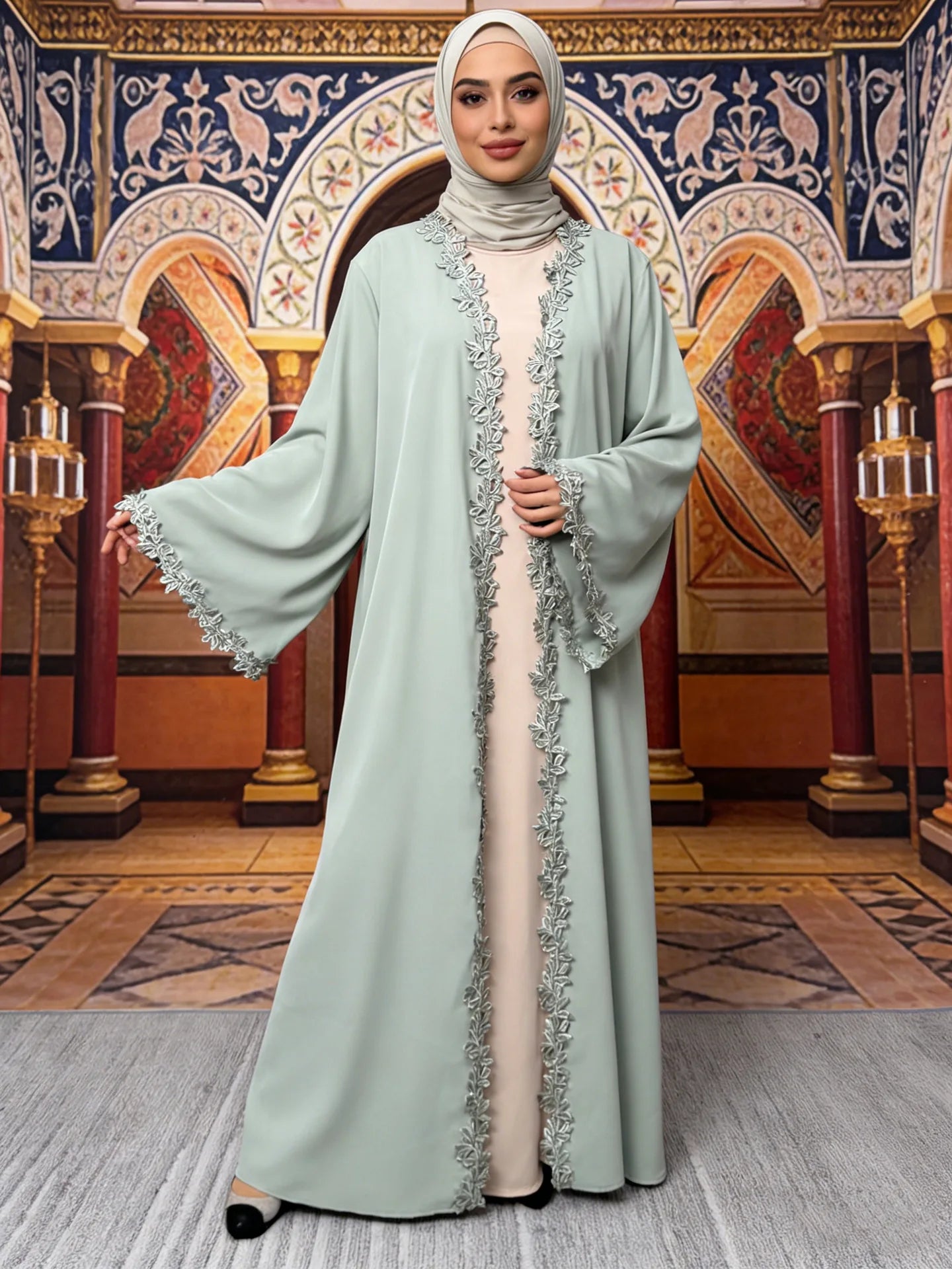 Lace Kaftan Elegant Maxi Evening Kaftan Muslim Modest Resort Kaftan Embroidered Fashionable Robe Jalabiya For Women Summer