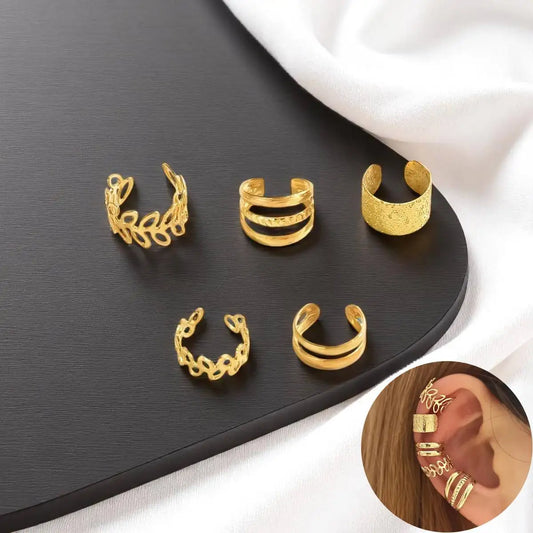 5pcs/set Trendy Elegant Design Ear Cuff Classic Elegant Style Gifts Women's No Piercing Clip silver Earrings Circle Leaf Shaped
