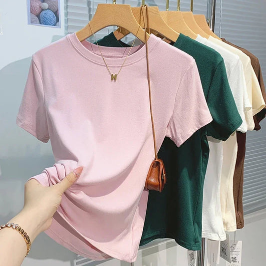 2026 New Women's 100% Cotton T-shirt Bottoming Basic Solid Lady Short Sleeve Tops Shirts Summer T Shirt