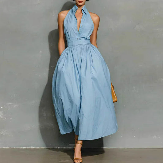 French Elegant Lapel Neck Button Maxi Dress Woman