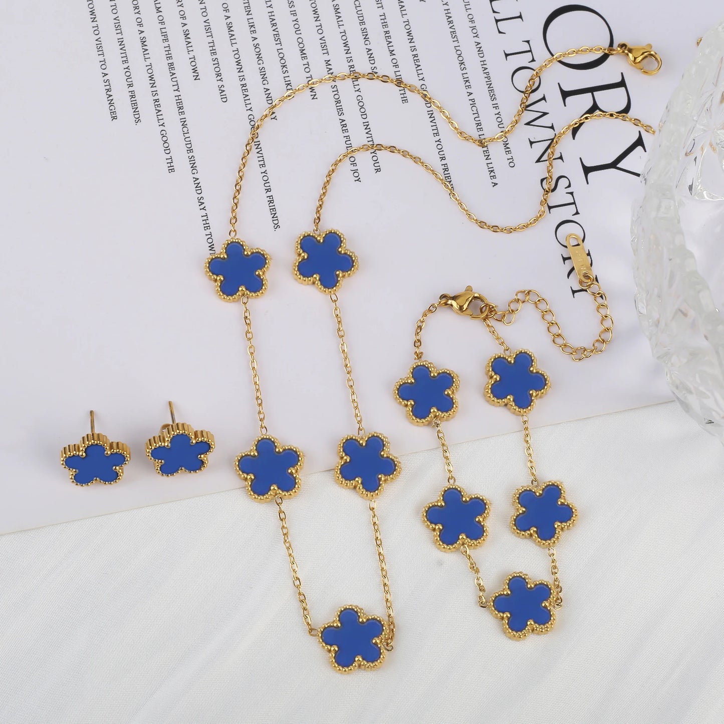 Bracelet Earrings 18K Gold Plated Jewelry Set For Women Girl Gift Clover