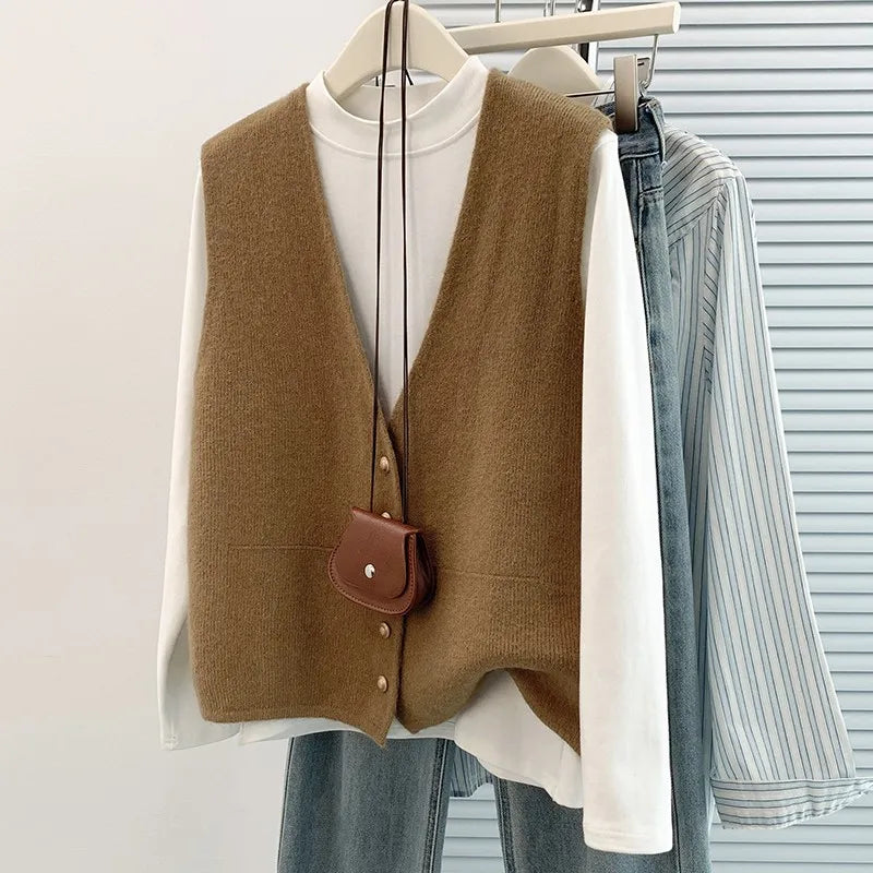 Fashionable Short Knitted V-Neck Vest Women's Autumn Winter Outerwear Sweater Cardigan Shoulder Pad Layering Vest