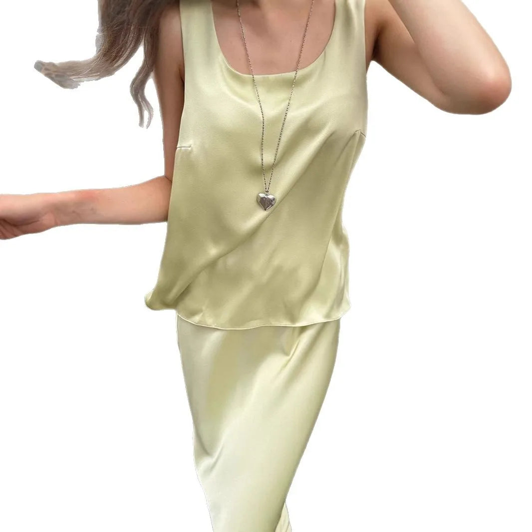 2025 Summer Simple Champagne Satin Face Set Women's Tank Top Long Dress Two Piece Set