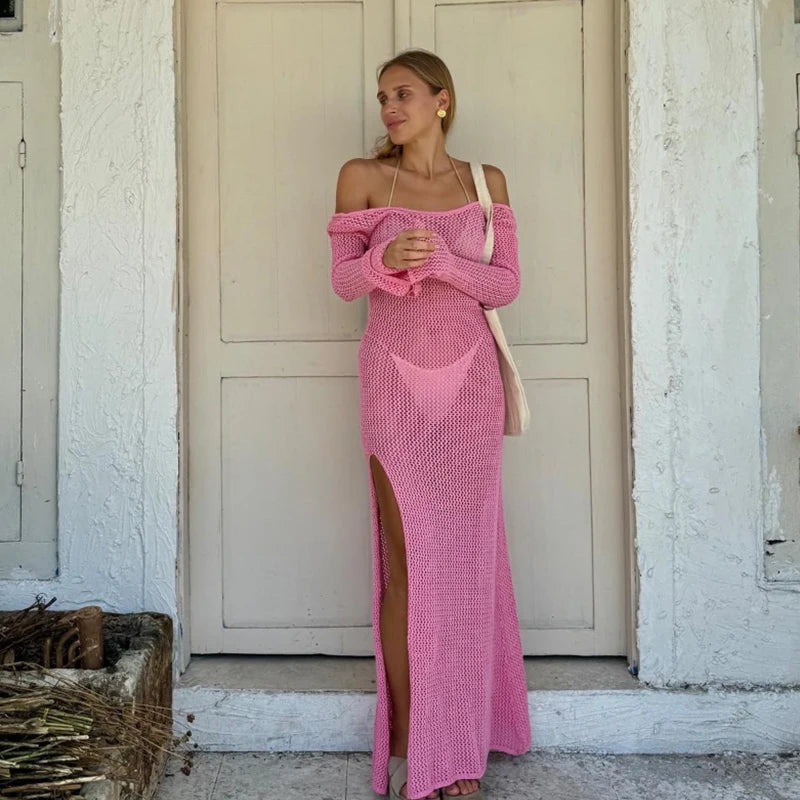 Side Slit Backless Knit Long Dress, Fashion Beach Vacation Long Sleeve Sun Protection Cover Up, All Seasons Fitted Plain Style