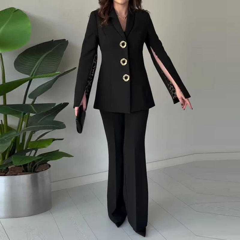 Casual High Waist Commute Outfits Fashion Long Sleeve Button Blazer&Suit Pants Sets Office Lady Solid Color Slim Two Piece Sets