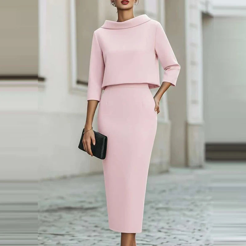 Fashion O-neck Long Sleeve Tops Skirts Matching Sets Elegant Solid Slim Half Skirts Sets Temperament Simple Wrap Hips Skirts Set