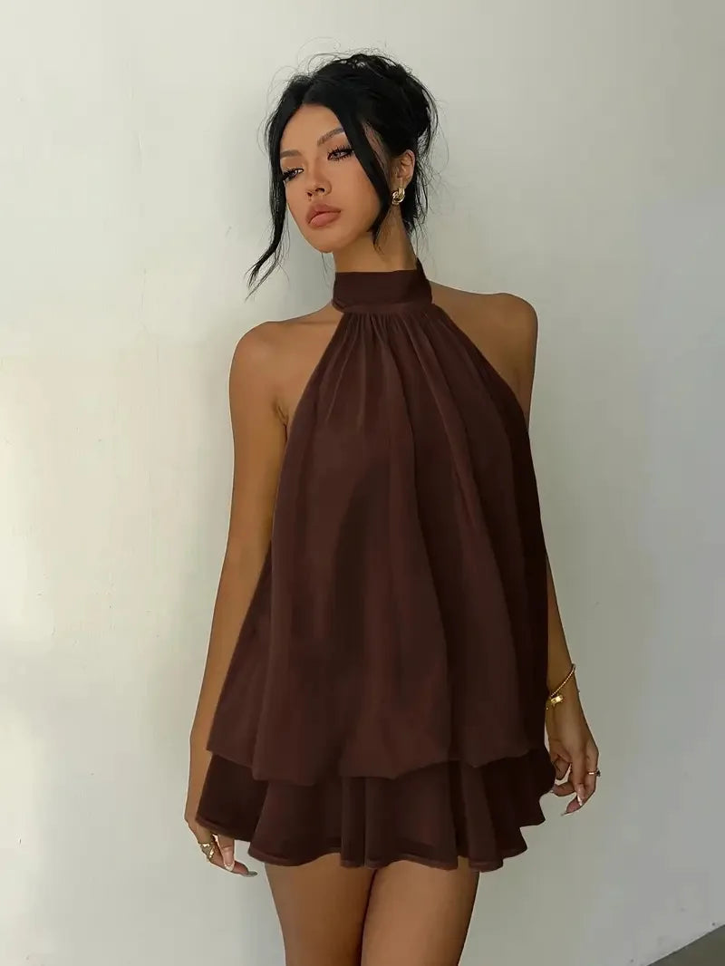 Women's Halter Neck Dress, Backless Tie-Front Chiffon Sheer Mini Skirt