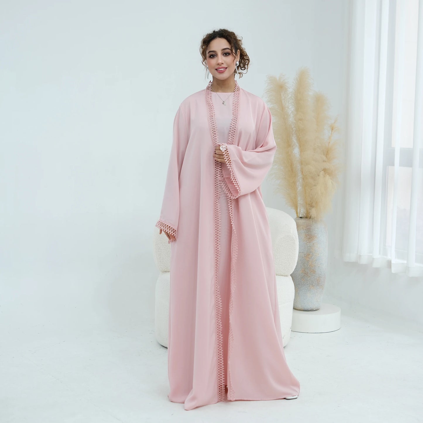 Women Abaya Set for Eid Party Events Resort Wear-Loop Lace Trim Kimono Robe&Sleeveless Dress