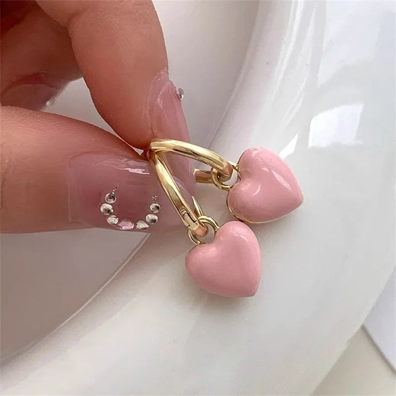 Romantic Pink Heart Shape Drop Earrings for Women Minimalist Gold Color Geometry Hoop Earrings Girl Temperament Party Jewelry