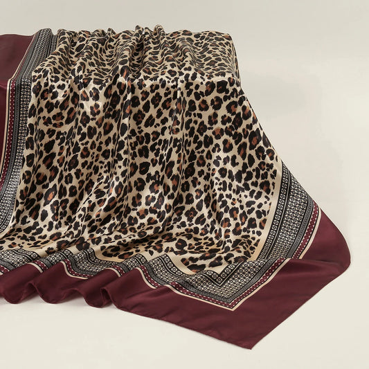 90cm Leopard Print Square Scarf Satin Silk Headband Muslim Woman Hijab Lady Fashion Hairwrap Rock Style Headscarf Islam Foulard