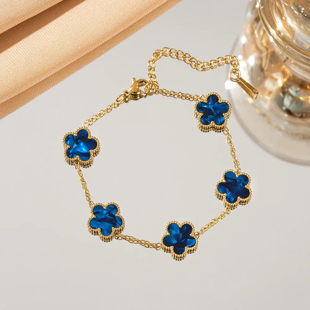 Double Sided Five-Leaf Flower Bracelet For Women Adjustable 18k Plated Gold Stainless Steel Five Point Star Clover Party Jewelry