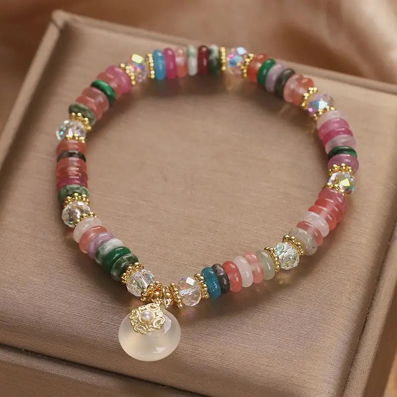 Natural Stone Color Beaded Crystal Bracelet Women's 2026 New Entry Luxury Niche High-end Sense Safe Buckle Pendant Hand String