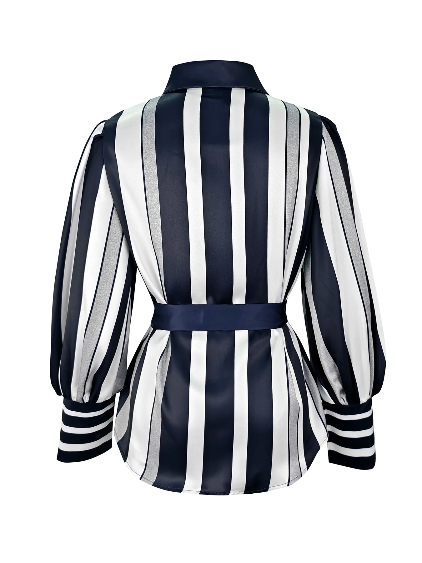 UOOZEE Women's Contrast Color Striped Shirt Long Puff Sleeves Belted Elegant Office Blouse 2026 Fashion Tops Formal Workwear
