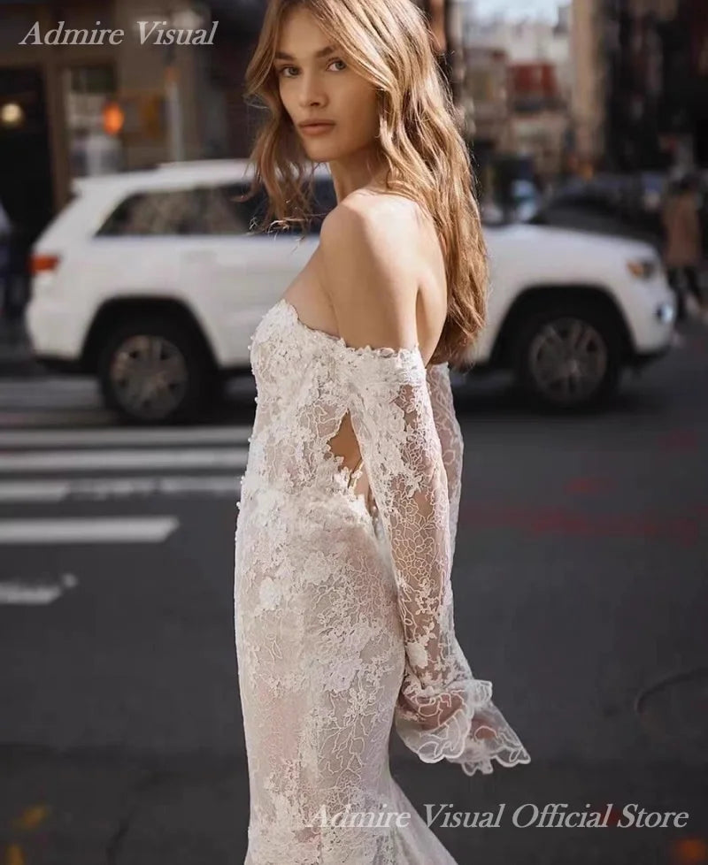 Newest Wedding Dresses Lace Mermaid Long Sleeves Off The Shoulder With Illusive Back Customized Bride Gowns Vestidos De Novia