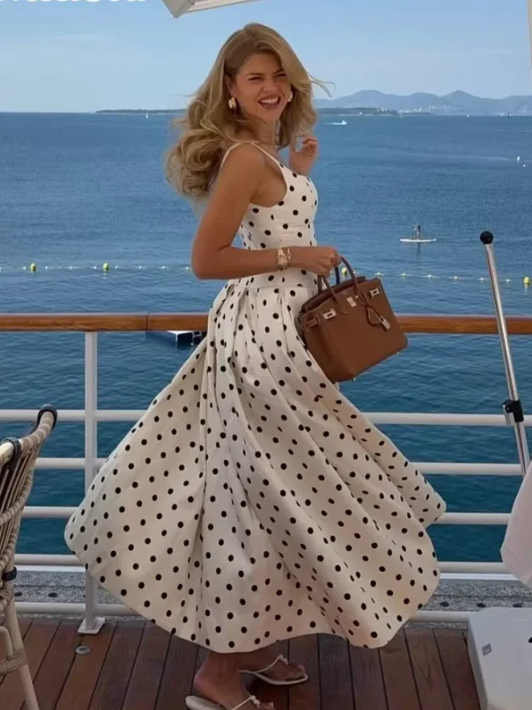 Casual Polka Dot Print Sleeveless Maxi Dress Women Fashion Square Neck High Waist A-line Long Robe 2025 Summer New Party Gowns N
