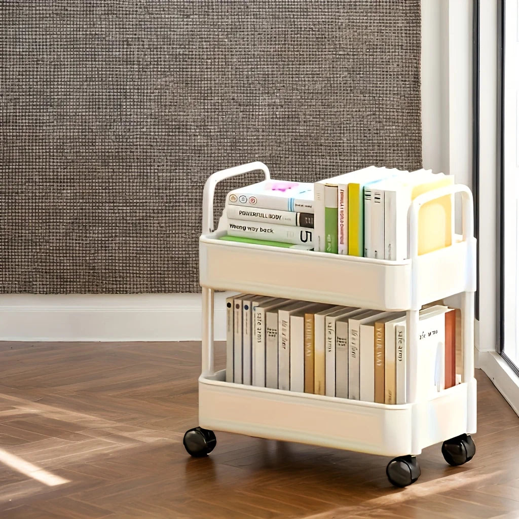 2-Tier Rolling Cart with Wheels, Removable Shelves & Hooks, Multipurpose Organizer for Kitchen, Office, Bathroom, Bedroom