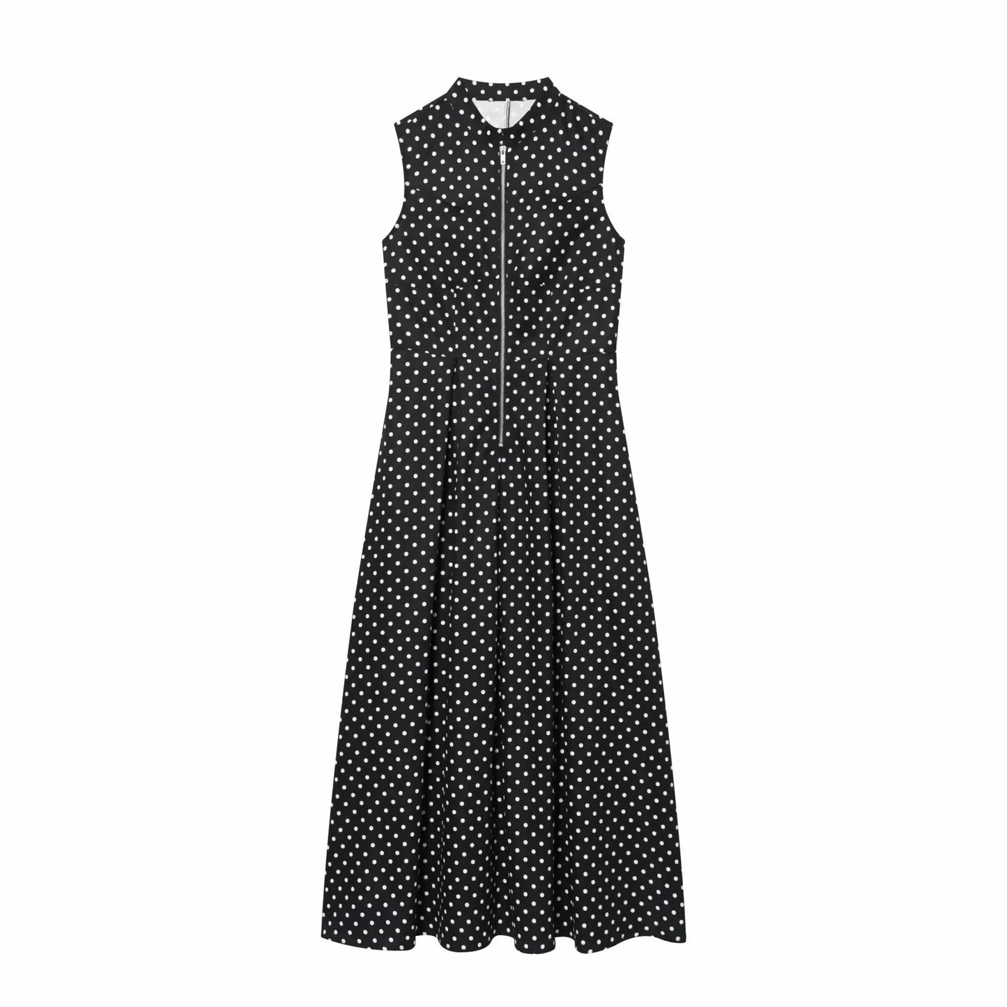 Women Elegant Polka Dot Zipper Decoration Dress Summer Women Sleeveless Pleated Dress Female Fashion Versatile Midi Dress
