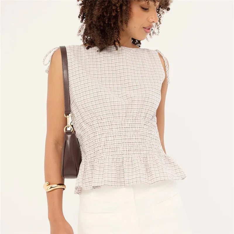 Women Summer Gingham Tie Shoulder Tank Top Y2k Vintage Sleeveless Shirred Ruffle Babydoll Shirt Cute Going Out Plaid Top