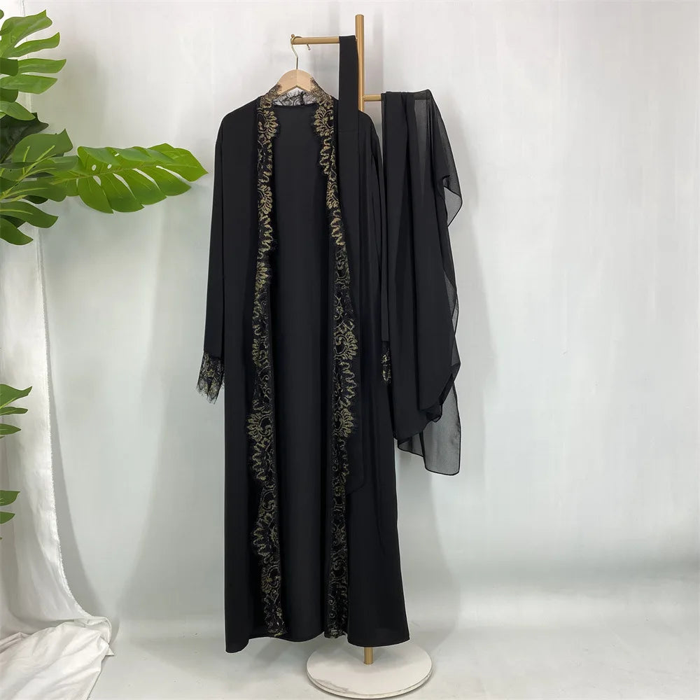 Abaya Headscarf 2 Piece Set Lace-up Cadigan Dubai