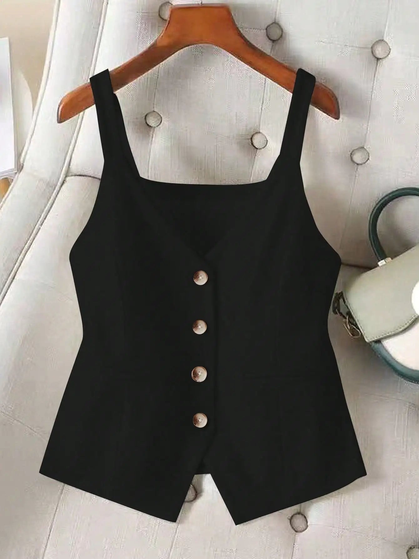 Women's Sleeveless Spaghetti Strap Crop Vest V-Neck Button Down Waistcoat for Layering & Daily Wear