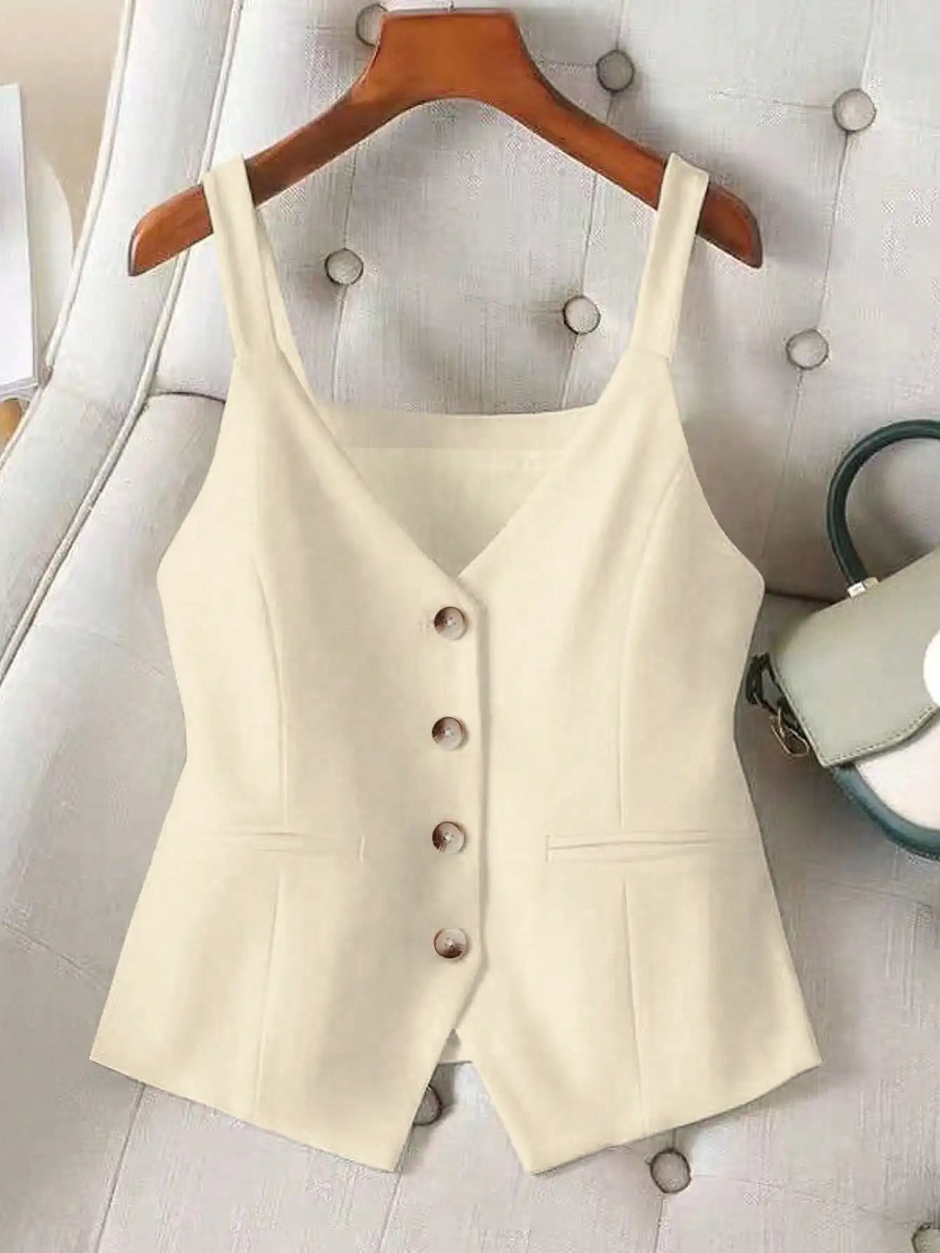 Women's Sleeveless Spaghetti Strap Crop Vest V-Neck Button Down Waistcoat for Layering & Daily Wear