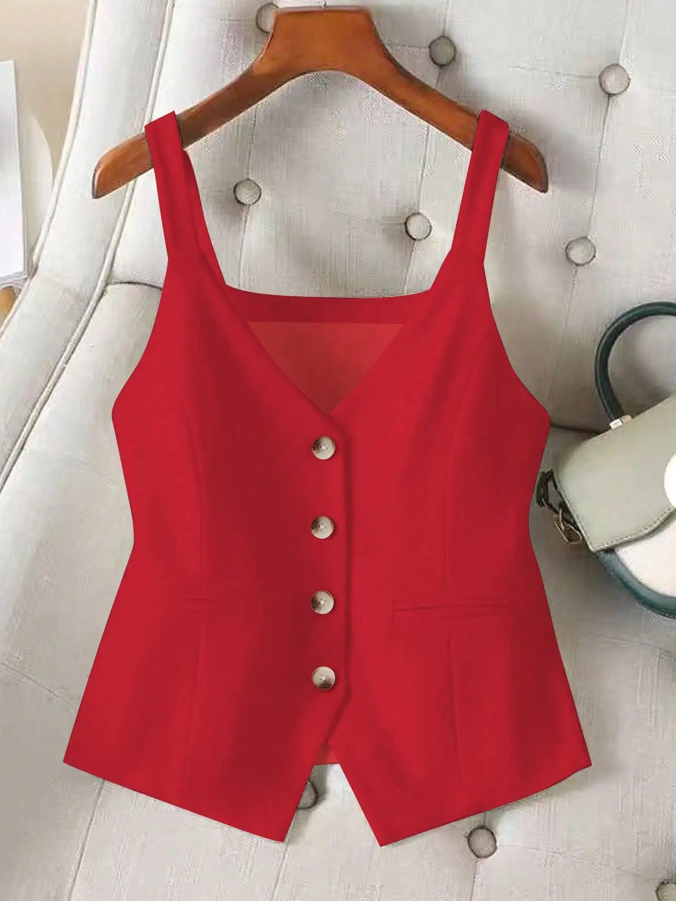 Women's Sleeveless Spaghetti Strap Crop Vest V-Neck Button Down Waistcoat for Layering & Daily Wear