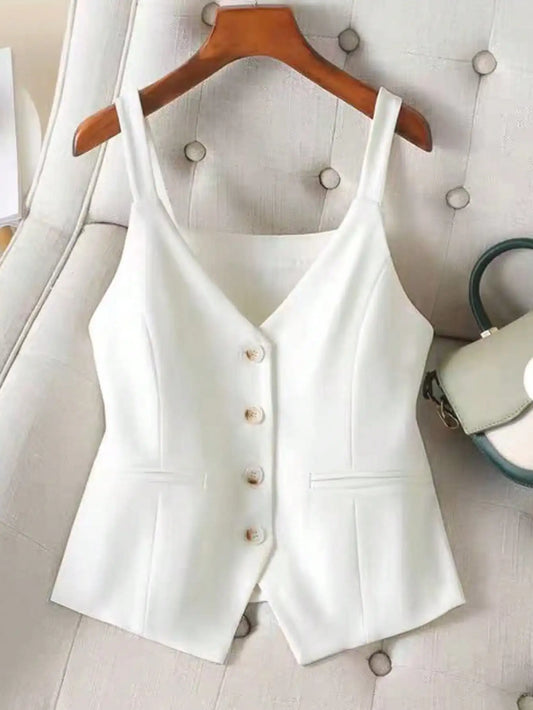 Women's Sleeveless Spaghetti Strap Crop Vest V-Neck Button Down Waistcoat for Layering & Daily Wear