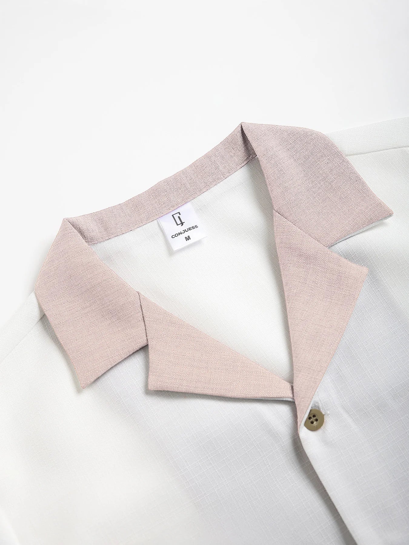 Men's White & Pink Textured Casual Set 2 Piece Lapel Collar Short Sleeve Shirt & Drawstring Shorts Outfit