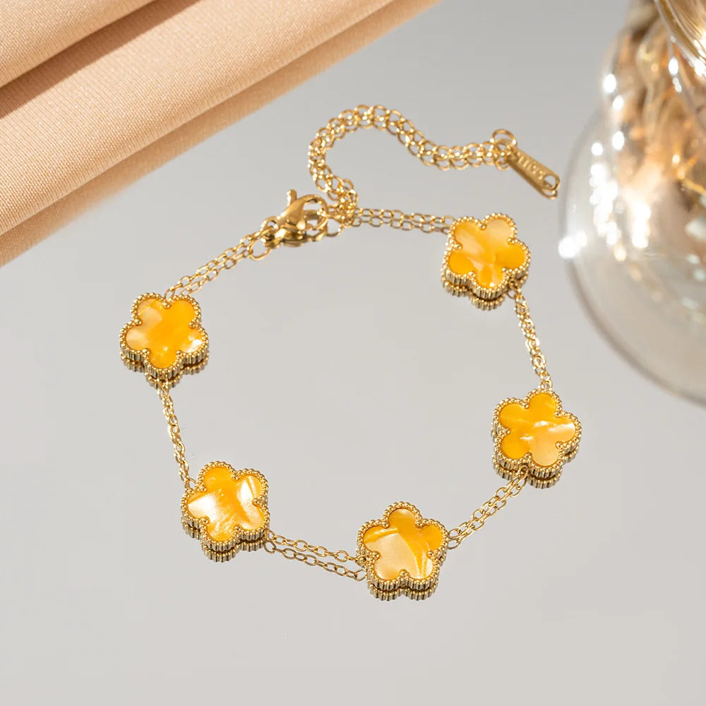 Double Sided Five-Leaf Flower Bracelet For Women Adjustable 18k Plated Gold Stainless Steel Five Point Star Clover Party Jewelry