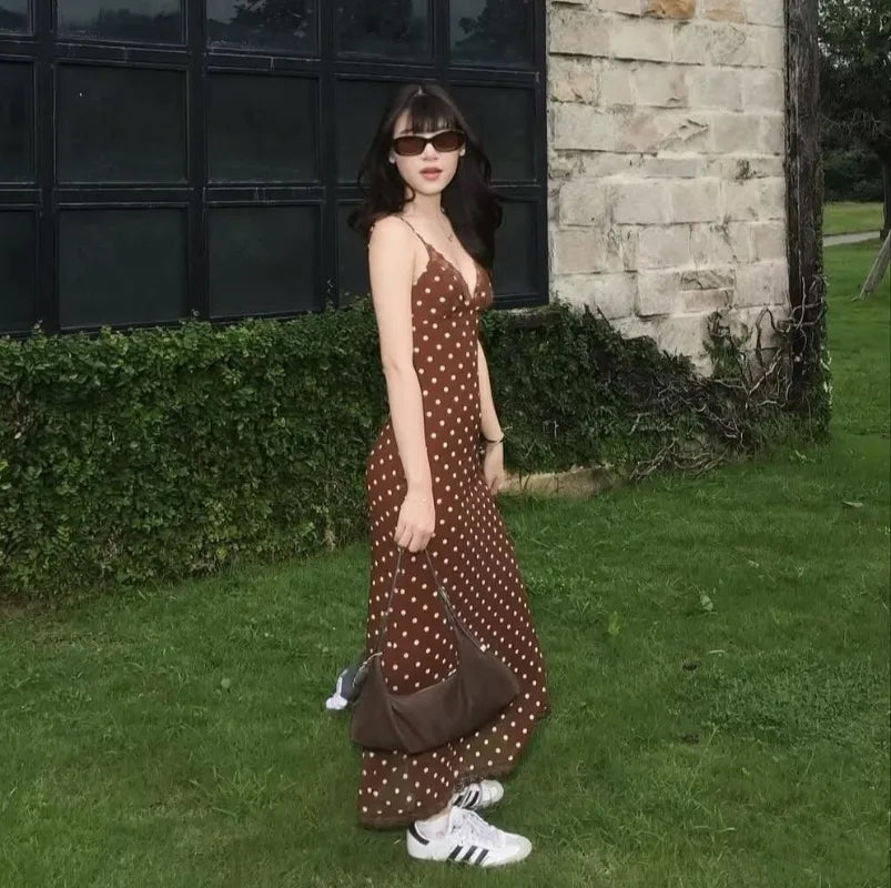 New Fashion Elegant Polka Dot V Neck Lace Patchwork Sleeveless Cami Backless Dress Summer Casual Commute Wear 2026