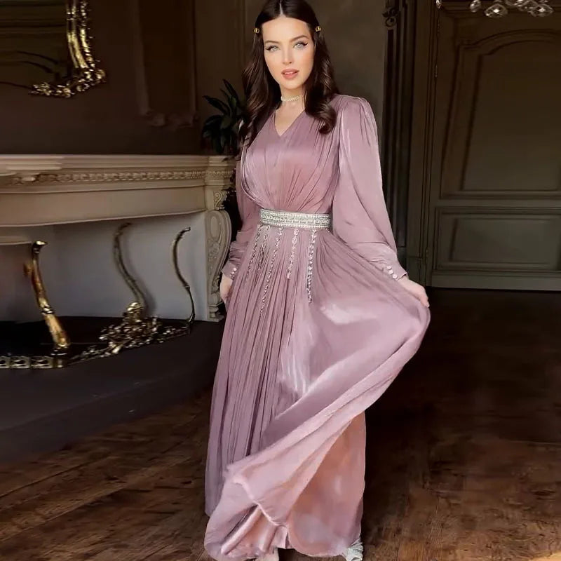 Abaya Beading Sash Eid V-neck Party Vestidos