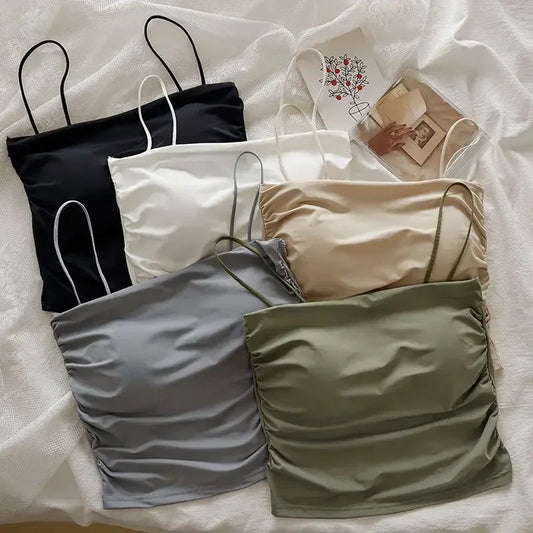 Sexy Crop Tops Women Summer Shirring Sleeveless Slim Camis Tops Bodycon with Chest Pad Fashion Casual Tops Female