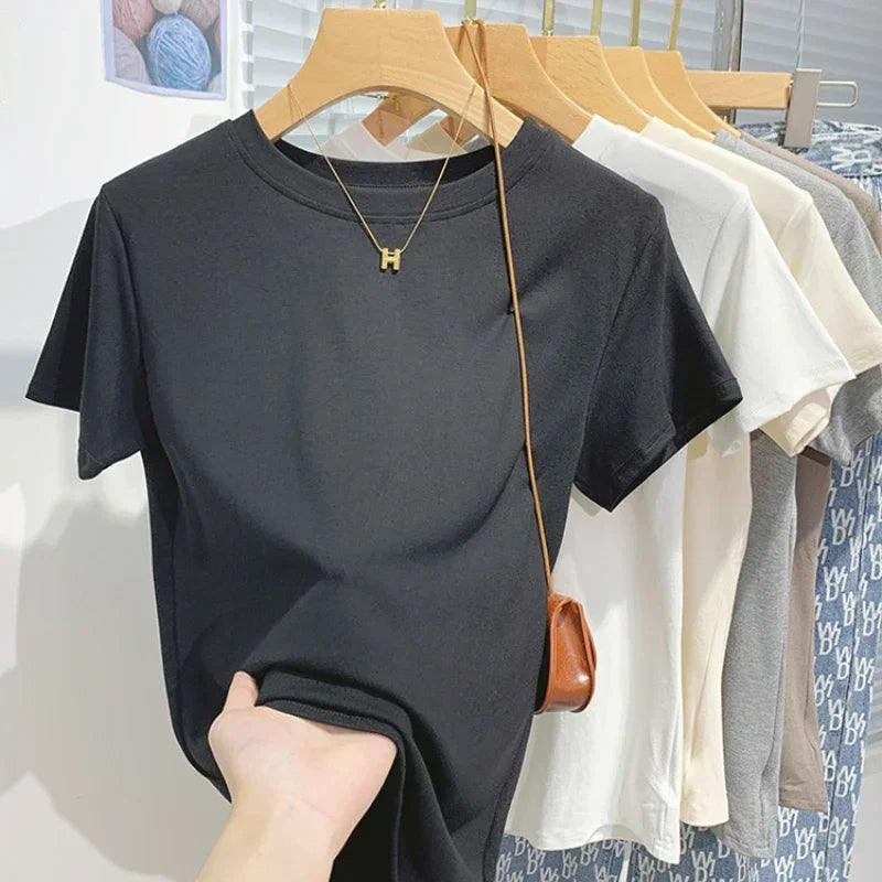 2026 New Women's 100% Cotton T-shirt Bottoming Basic Solid Lady Short Sleeve Tops Shirts Summer T Shirt